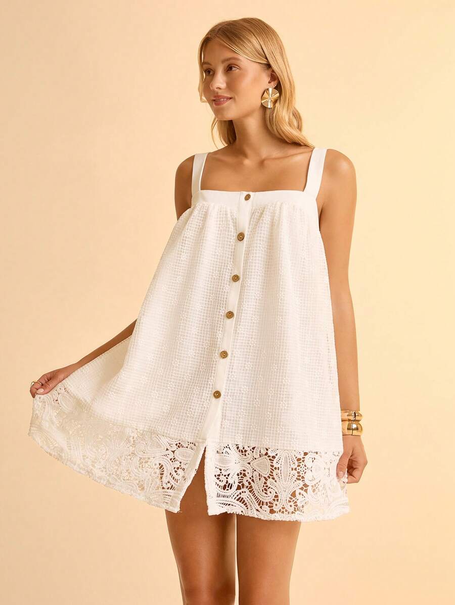 CAJUNI Women's Lace Embroidered Sleeveless Long Blouse, Vacation Wear - White - View 1