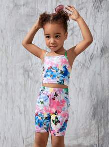 SHEIN Leap Crew 少女蝴蝶印花扎染背心上衣和短褲