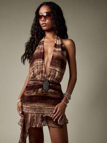 MISSGUIDED Plunge Neck Halter Mini Dress Asymmetric Ruffle Hem Backless Resort Evening Summer Party Chiffon Tie Dye Sleeveless