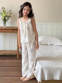 DAZY Conjunto de top de camisa y pantalones con estampado floral pequeño para niña preadolescente, ropa de regreso a la escuela