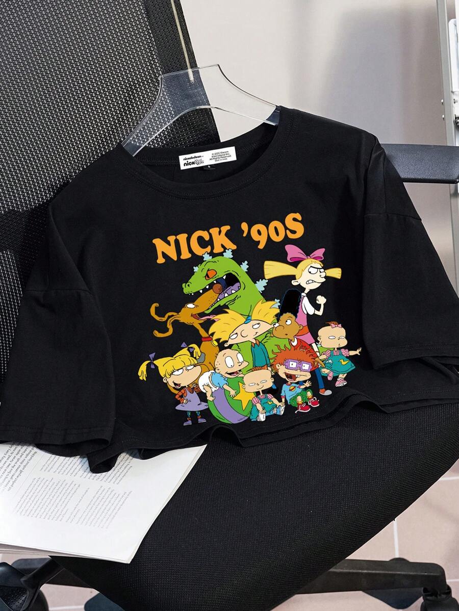 Nick 90s | SHEIN 女士黑色圆领宽松短款休闲卡通字母图案舒适 T 恤，春夏 - 黑色 - 查看 1