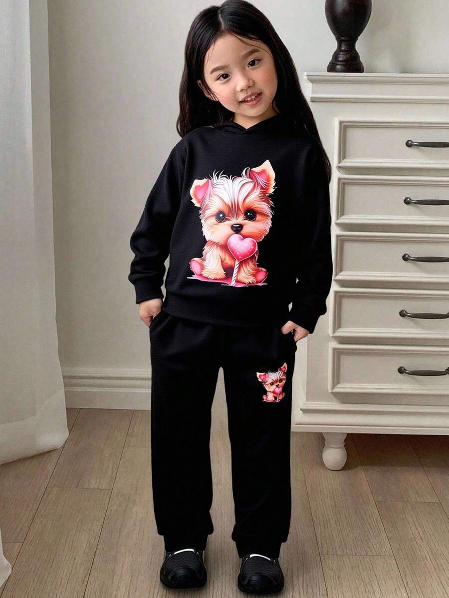 Conjunto de moletom com capuz e calça comprida com estampa de gato de desenho animado para meninas, primavera/outono - Preto - Ver 1