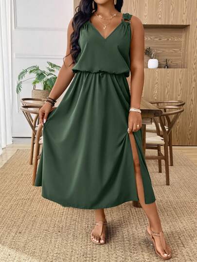 EMERY ROSE Plus Size Women's V-Neck Cinched Waist Flattering Long Dress, Elegant Resort Spring/Summer Sun Dress, Bohemian
