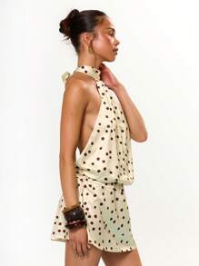 MUSERA Halter Neck Open Back Drop Waist Satin Polka Dot Mini Dress Birthday Graduation Summer Vacation Holiday Festival Cute Casual Elegant Tuscan Sun Ibiza Wedding Guest Beach Night Out