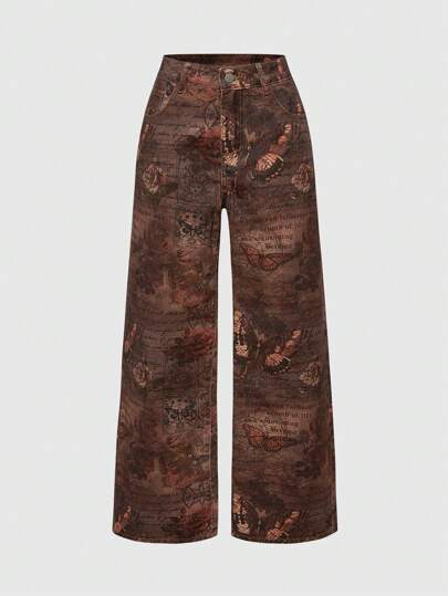 Grunge Punk Jeans a vita bassa ampi con grafica completa a stampa vintage di rose e farfalle per donna