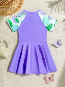 Costum de baie dintr-o bucată, cu mânecă scurtă și imprimeu botanic, cu fermoar pe jumătate, pentru fete - Multicolor - Vizualizare 3