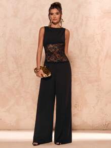 SHEIN BAE Summer Ladies Clothing Black Sleeveless Lace See-Through Sexy Tight Fit Ladies Jumpsuit ,Black Jumpsuit - Black - View 3