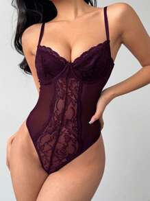 Aloruh Conjunto de body de mujer sexy y elegante con parches de encaje - Granate - Ver 5