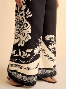 CAJUNI Plus Size Women's Boho Black & White Floral Print Straight Leg Casual Pants, Suitable For Beach/Holiday, Summer & Autumn - Multicolor - View 6