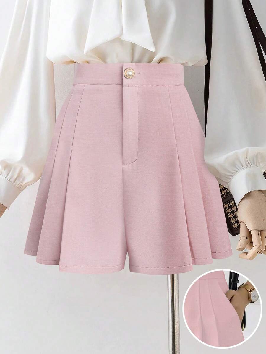 Quần short nữ chữ A xếp ly mới có khóa kéo phía trước lưng thun co giãn, mặc hàng ngày thoải mái và thanh lịch - Hồng - Xem 1