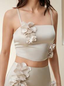 Anewsta Camiseta sin mangas de satén con decoración floral 3D para mujer, ideal para verano - Champán - Ver 5