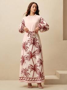 Anewsta Ladies' Spring/Summer Vacation Bohemian Beach Fashion Music Festival Positioning Printed Long Sleeve Dress - Tropical Pink - View 3