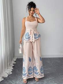 Elenzga Damen Große Größen elegantes romantisches Blumen Druckmieder und lange Hose Set, geeignet für Sommer, Schulanfang, Abschluss, Feiertage, Valentinstag, Musikfestivals, Muttertag, Halloween, Erntedankfest, Ostern, Nationalfeiertag, Galas, Dates, Partys, Hochzeiten, Ausflüge - Verschiedenfarbig - Übersicht 7