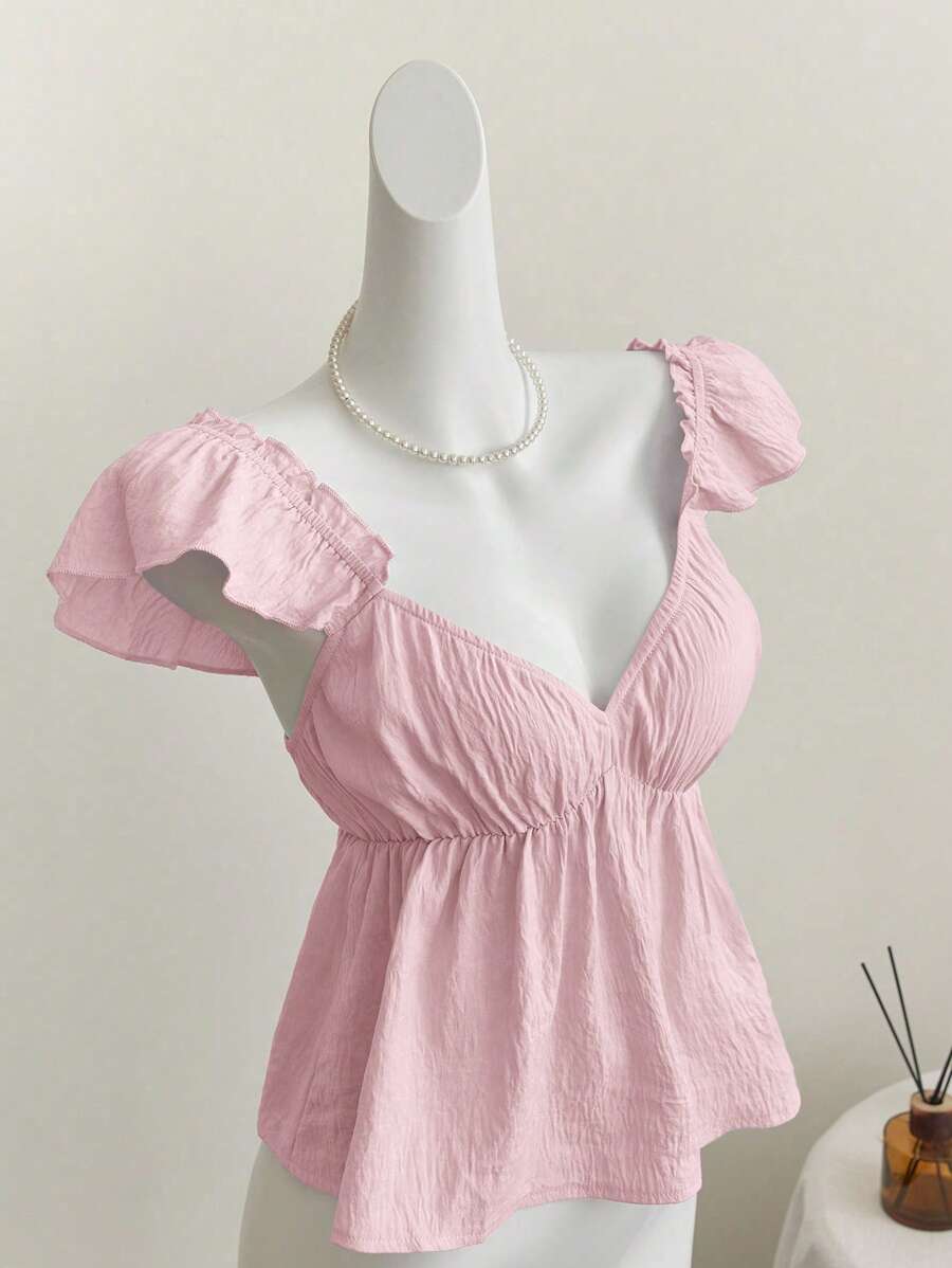 Elamini Top court bleu voluptueux avec encolure dégagée, sans manches et volants pour fille