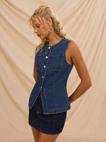 Avantive Neue Sommer Ärmellose Damen Denim Bluse für High Street Mode