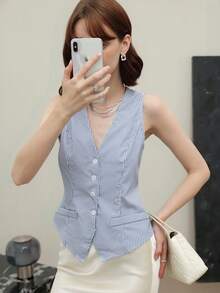 EMERY ROSE Women's Commuter Minimalist Striped Single-Breasted V-Neck Tank Top - Blue - View 2