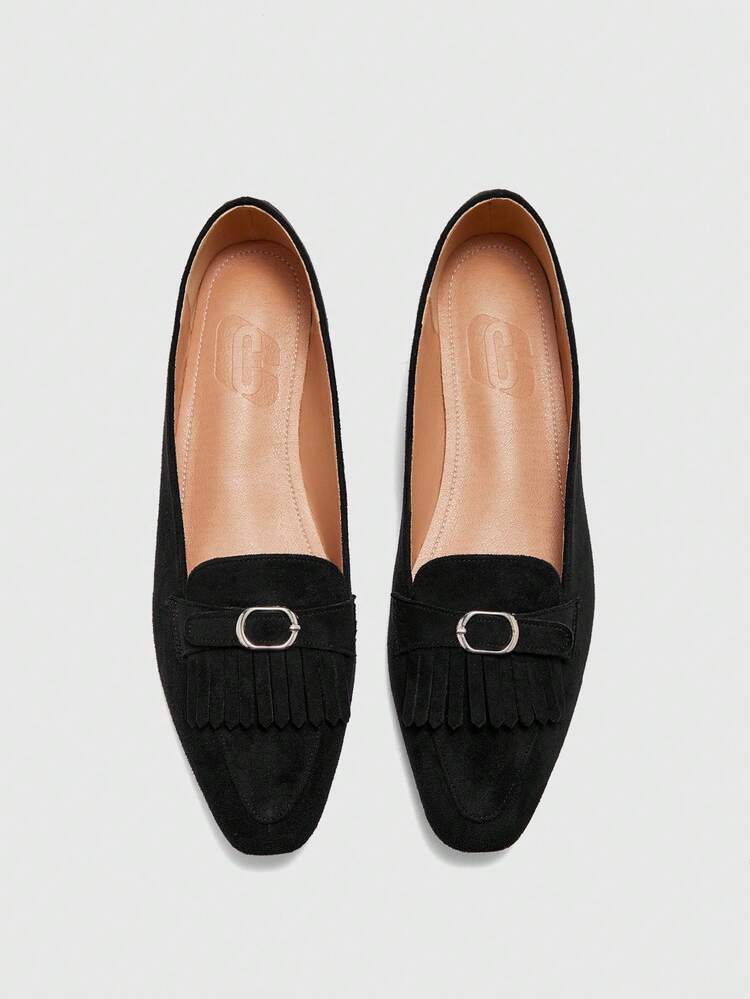 CUCCOO BIZCHIC Women's Suede Square Toe Tassel Comfortable Soft Bottom Daily Outdoor Black Flat Loafers