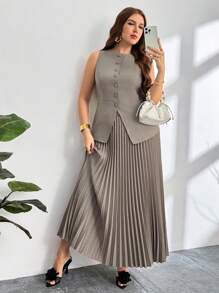 Firerie Plus Size Women's Commuter New Faux Pocket Decor Boat Neck Khaki Valentine's Day Office Lady Chic Commuter Elegant High Street Blazer Vest, Blazer & Pleated Skirt 2 Pieces Set/Valentine's Day/Concert/Performance Costumes/Dating/Senior Banquet/Dance/Wedding Season/Sexy/Elegant/Commuting/Back To School Season/Vacation/Beach/Elegant Romance/Office Enchantress/Siren Style/Birthday Party Outfits,Business Casual Woman,Old Money Style Women/Teacher Outfits For Women/Back To School /School Clothes