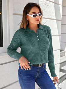 RueChic Women Solid Color Polo Neck Drop Shoulder Long Sleeve Casual Loose Knit Sweater, Autumn/Winter - Mint Green - View 5