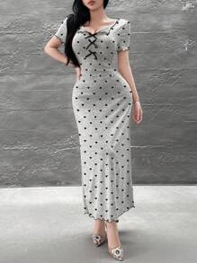 Feyla 女士优雅心形印花蝴蝶结装饰长裙，夏季 - 灰色 - 查看 7