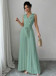 Elenzga Women's Spring/Autumn Elegant Apricot Double Breasted Pleated Jumpsuit - Green - View 4