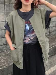FRIFUL Women Sleeveless Round Neck Zip-Up Vest,Army Green Summer Casual Occasion Regular Outerwear With Large Pockets,Versatile Fall Layering Jacket Coats - Green - View 1