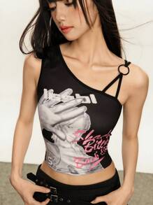 Rina Fox 女士休闲时尚印花不对称领衬衫，夏季 - 黑色 - 查看 1