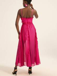 Femmeiva Solid Color Chiffon Spaghetti Strap Waist Flared Hem Vacation Style European And American Women's Ruffle Trim Sleeveless Dress - Hot Pink - View 2
