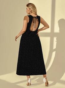 Auralis 大码女士春夏时尚优雅舒适黑色波点后背镂空长裙，婚礼宾客礼服女士，黑色连衣裙优雅大方