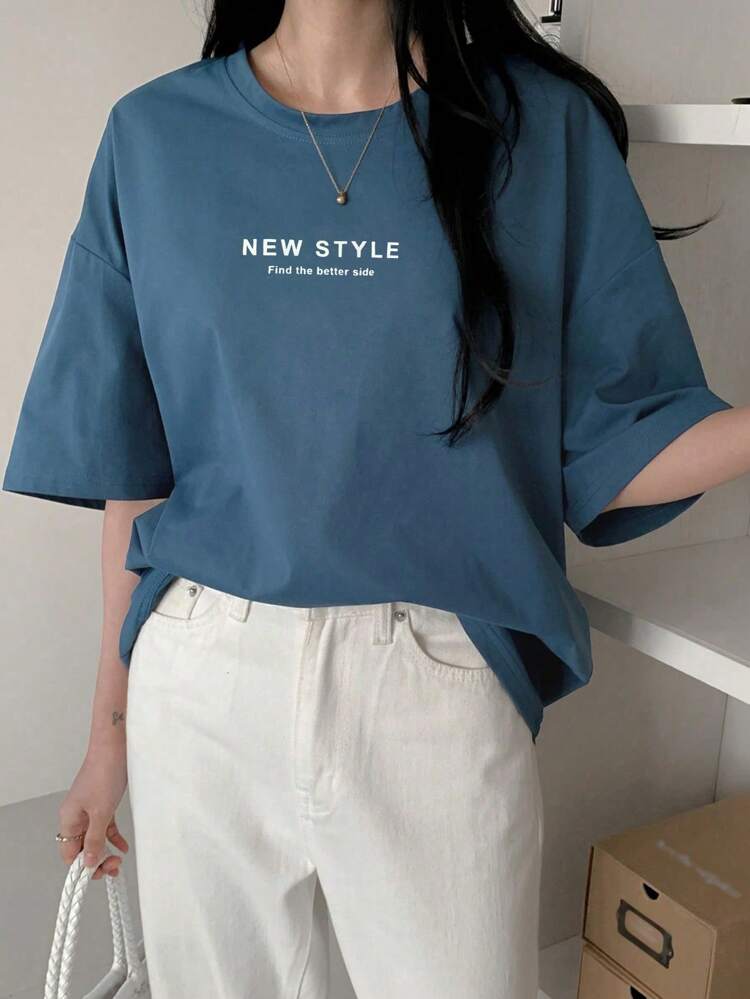 Women Casual Loose Letter Print Short Sleeve T-Shirt Preppy Tops