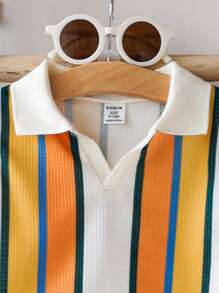 SHEIN Playful Pals 2pcs/Set Baby Boy Summer Retro Stylish Polo Collar Contrast Stripe Short Sleeve Outfit, Suitable For Outings, Casual Home, Sports, Party, Displaying Vitality And Personalized Vintage Boy Clothes Vintage Toddler Clothes - Multicolor - View 6