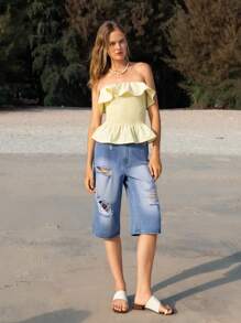 Lumivelle Light Yellow Ruffle Hem Crop Top, Casual Fitted Women's Top - Yellow - View 3