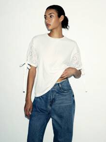 Lumivelle 女士圆领短袖纯色镂空刺绣拼接T恤