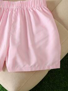 SHEIN 3pcs Tween Girls Casual Street Style Striped Straight Shorts Set, School, Campus, College