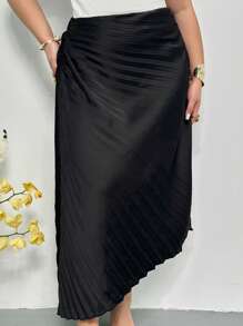 Firerie Women Plus Black Elegant Pleated Asymmetric Hem Skirt,Autumn Night Office Commute Wedding Senior Banquet Birthday Party Siren Style Skirt - Black - View 7
