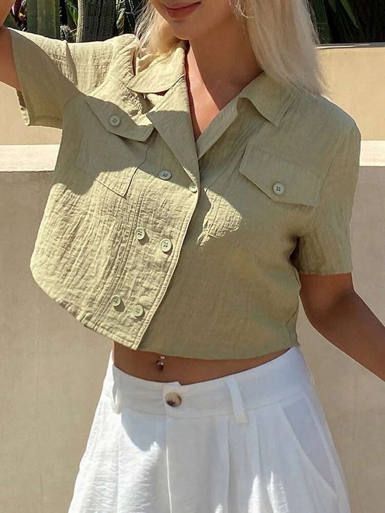 Solid Color Loose Double Breasted Pocket Short Sleeve Casual Summer Blouse For Women Linen,Crop Tops Women