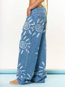 MUSERA Low Rise Solar Sun Print Washed Denim Wide Leg Jeans Summer Vacation Holiday Festival Cute Casual Elegant Tuscan Sun Concert Beach 4th July