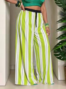 Slaydiva Pantalones largos de mujer de talla grande con estampado a rayas, ideales para festivales de música, fiestas y vacaciones - 2025 Nueva Moda