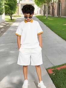 2pcs/Set Tween Boys' Casual Vacation Sporty Textured Fabric Polo Shirt And Elastic Waist Shorts, White Animal Pattern, Spring/Summer Wear