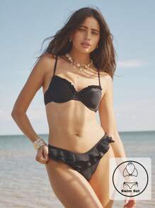 Aralina Summer Vacation Ruffle Black Bikini Set Underwire - Black - View 1