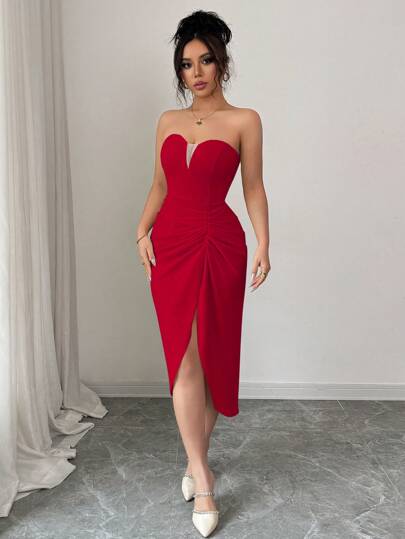 Elenzga Vestido elegante y romántico con cuello en V, cintura fruncida y abertura lateral para mujeres