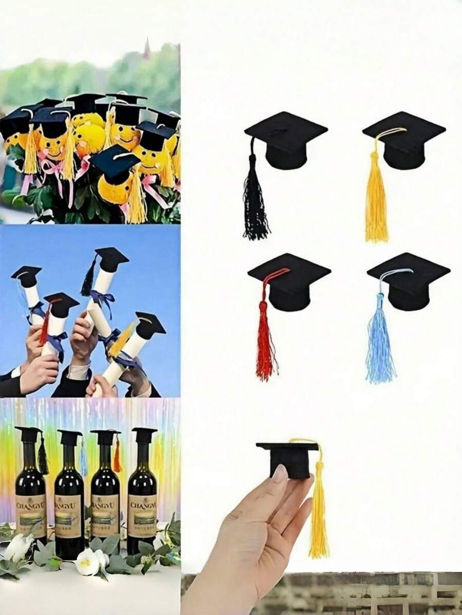 5/10PCS迷你流苏毕业帽,采用涤纶纤维制成,无需电源,无羽毛,适用于毕业派对装饰、瓶子装饰、庆典配件 - 彩色 - 查看 1