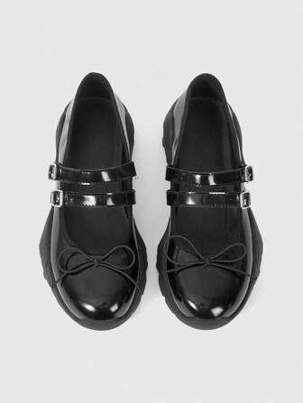 Goth Women's Mary Jane Shoes, Bow Round Toe Functional Ballet Platform Sneakers, PU Material, Black Color, Strap Buckle Design, Suitable For Sports, Graduation, Photography