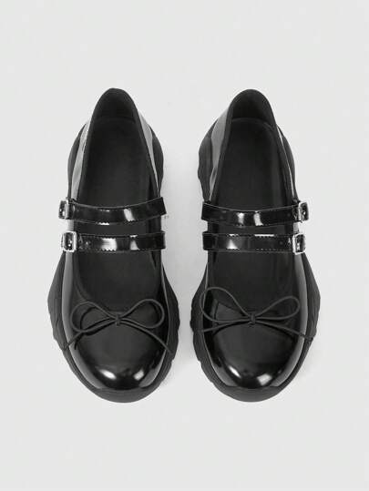 Goth Zapatos tipo Mary Jane para mujer, zapatillas de ballet con plataforma, punta redonda y lazo, material de PU, color negro, diseño de correa con hebilla, adecuado para deportes, graduación, fotografía