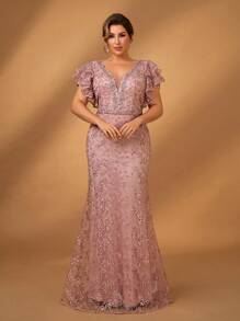 Glamrae Váy dạ hội đuôi cá đính đá Rhinestone hai lớp xếp nếp màu hồng cỡ lớn, váy dạ hội thanh lịch cho vũ hội - Bụi hồng - Xem 2