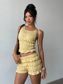 Aloruh Bộ 2 áo hai dây màu trơn và quần short thời trang cho nữ mùa hè - Màu vàng - Xem 5