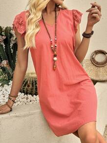 EMERY ROSE Đầm thường ngày tay ngắn tối giản màu trơn dành cho nữ - Màu Cam cháy - Xem 4