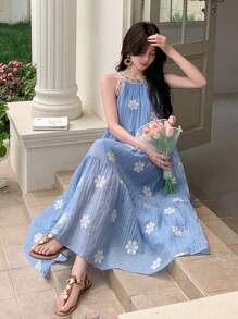 DAZY Đầm midi không tay in hoa kiểu Hàn Quốc dành cho nữ, trang phục đi nghỉ mát, trang phục du lịch biển cho nữ. - Màu xanh lam - Xem 5