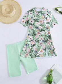 Swim Mulvari 2pcs Spring/Summer New Tropical Plant Floral Print Drawstring Swimsuit, Including Sleeveless Tank Top And Shorts, Women Beach Vacation Bikini Set