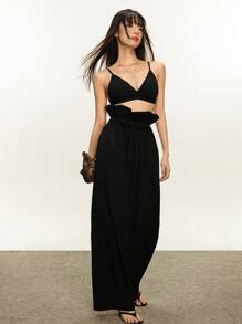 Rina Fox Women's Extra Wide Leg Paper Bag Pants With Fold-Over Waistband Fall Cloth For Women - Black - View 2